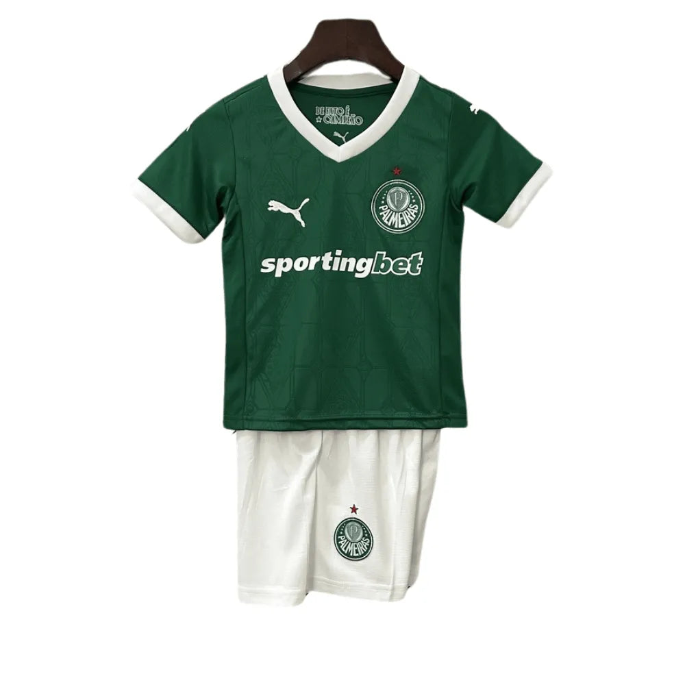 Kit Conjunto Camisa e Shorts Infantil Palmeiras I 25/26 Torcedor Verde e Branco