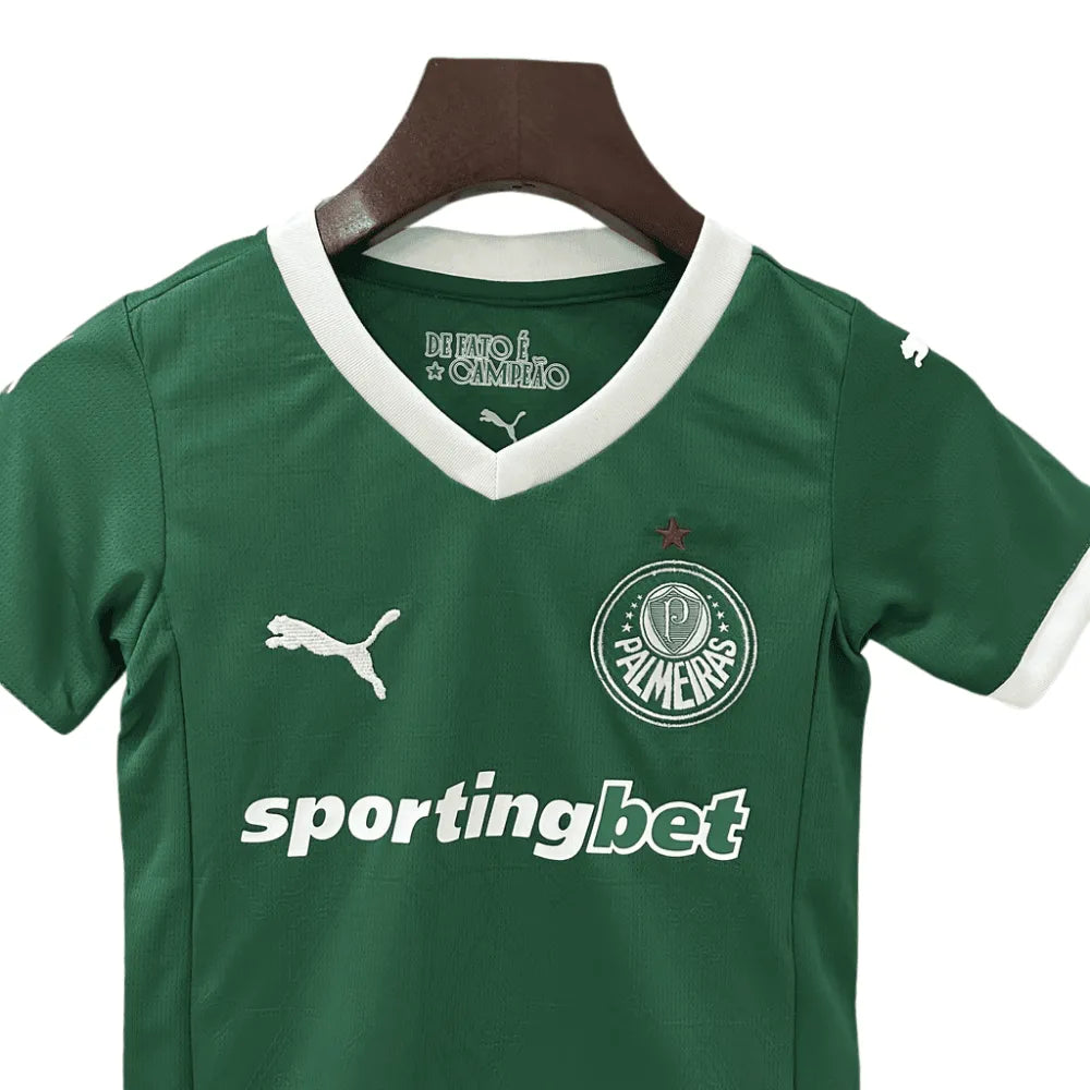 Kit Conjunto Camisa e Shorts Infantil Palmeiras I 25/26 Torcedor Verde e Branco