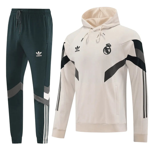 Conjunto Moletom Blusa e Calça Real Madrid 24/25 Creme/Verde Canguru Masculino